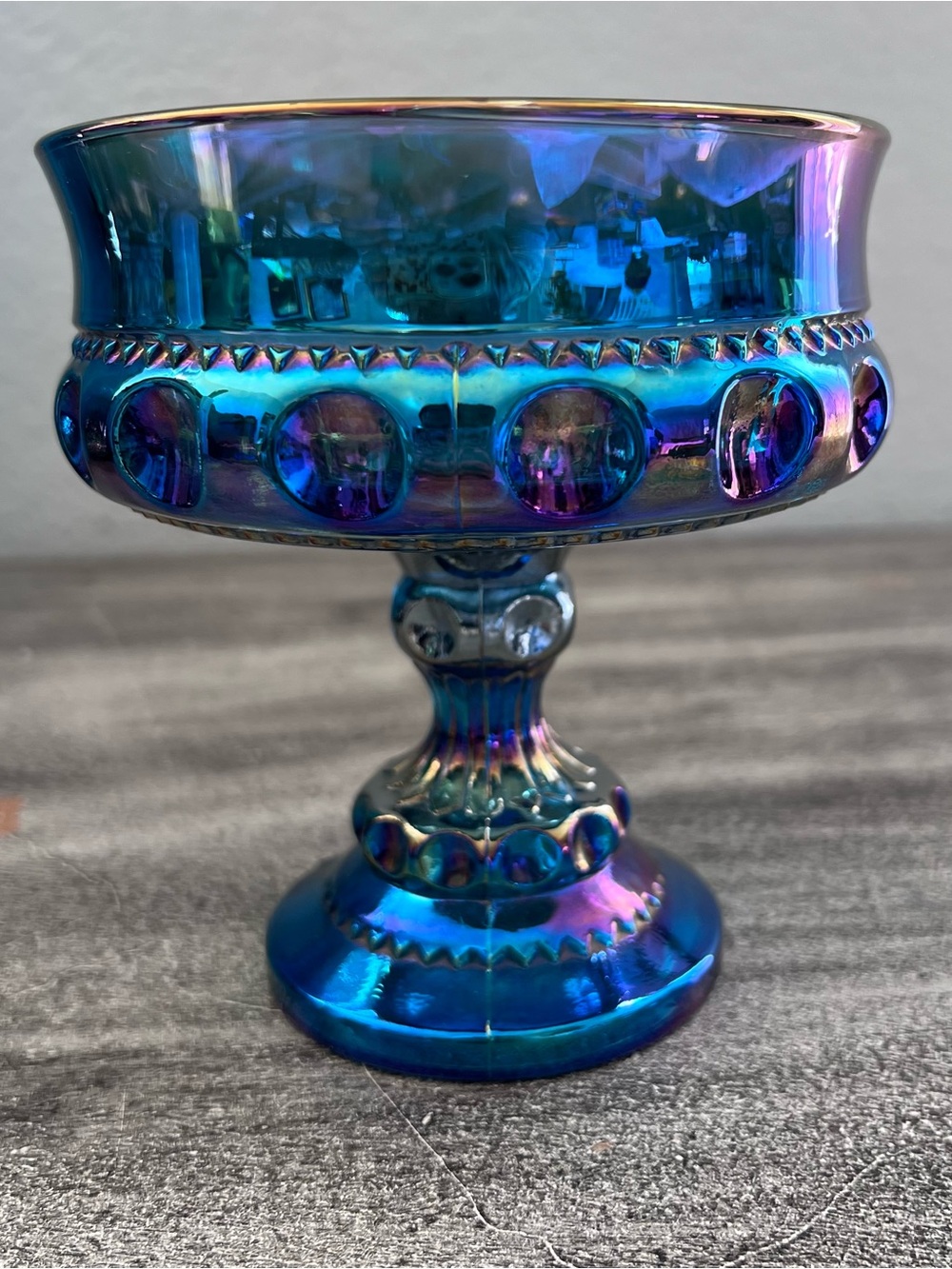 Vintage Indiana Glass Kings Crown Blue Carnival Glass Compote Candy Dish